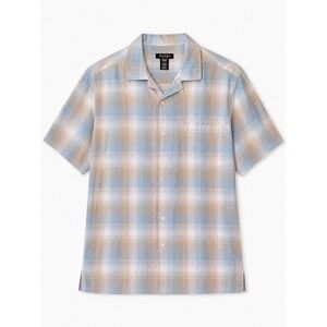 David Taylor Collection Mens XL Linen Cotton Plaid Short Sleeve Camp Shirt Blue